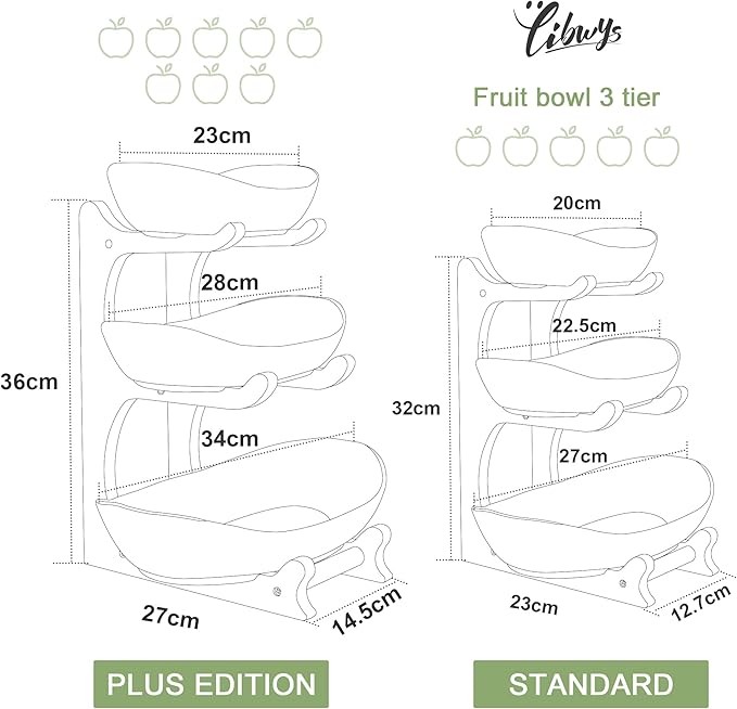 Seven Sparta 3 Tier Fruit Bowl for Kitchen Counter (PLUS Series) / Ceramic Serving Bowls with Bamboo Stand/Big Size Tiered Fruit Basket for Fruit Vegetable Storage, Dessert, Salad Buffet Server