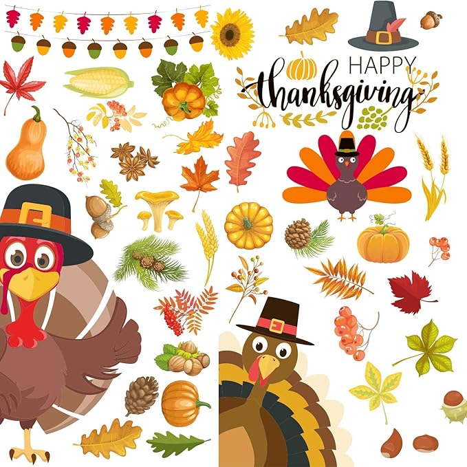 Thanksgiving Decorations - Thanksgiving Window Clings Fall Decorations Window Stickers Holiday Turkey Cling for Glass Window Decor for Home Party 113 PCS