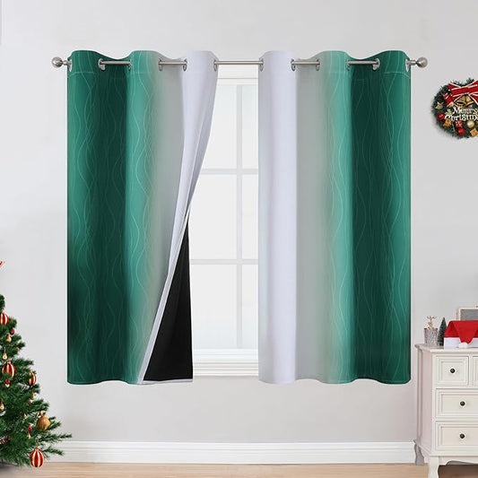 Estelar Textiler Green and Greyish White Ombre Blackout Curtains 45 Inch Length 2 Panels, Full Room Darkening Gradient Drapes for Kitchen, Thermal Insulated Grommet Short Curtains for Bathroom,42Wx45L
