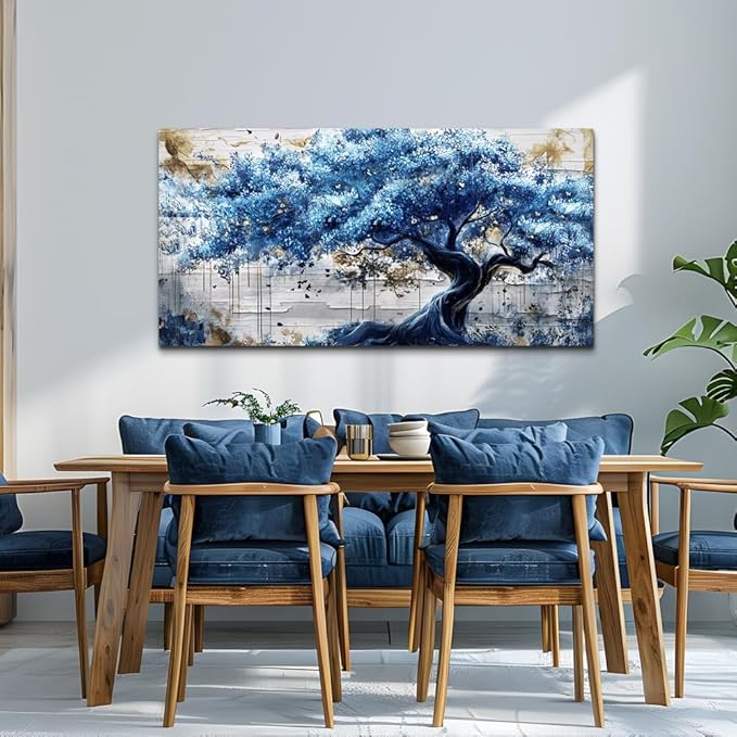 ERQINHUA Canvas Wall Art For Living Room Large Wall Decor For Bedroom Office Decor Blue Tree Wall Paintings Farmhouse Abstract Watercolour Pictures Artwork Home Decor Ready To Hang Posters 24"X48"