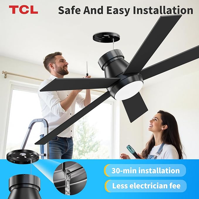 TCL 52" Black Ceiling Fan with Light and Remote, Modern LED 3-Color, 3CCT, Quiet Motor for Bedroom, Living Room, Dining Room, Ceiling Fans with Lights (Black)