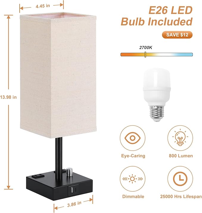 Fully Dimmable Nightstand Lamps Set of 2 - Table Bedside Lamp with USB C+A Charging Ports & 2 AC Outlets, Square Lamp Sets Linen Fabric Shade for Bedroom Living Room(Bulb Included)