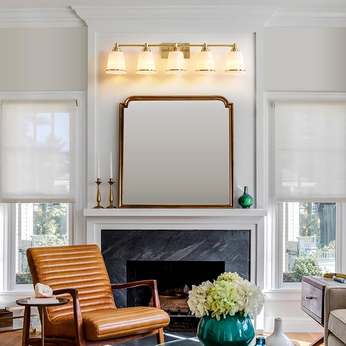 Gold Bathroom Vanity Light Fixture, 5 Light Bathroom Light Fixtures Over Mirror with Milky White Glass and Metal Base Wall Sconce, 37 inch Modern Vanity Light for Bathroom(Exclude E26 Bulb)