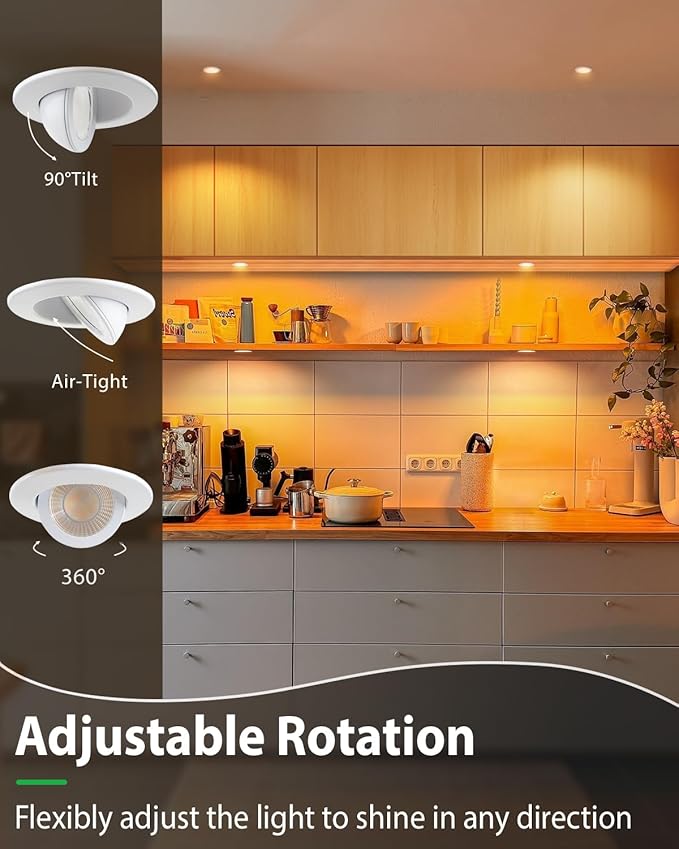 zouzai 5CCT LED Gimbal Led Recessed Light with Junction Box, 360ยฐ+90ยฐ Adjustable Directional Eyeball Lighting, Dimmable, 2700K/3000K/3500K/4000K/5000K,ETL&Energy Star (White 12 Pack, 2 inch)