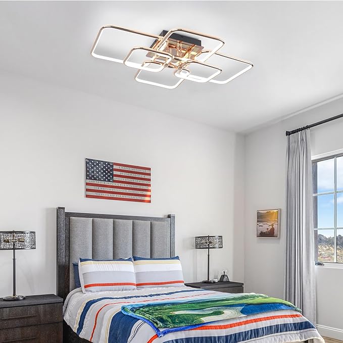 72W Modern LED Ceiling Light 6-Square Dimmable Ceiling Light Fixtures with Remote 3000K-6000K Gold Close to Ceiling Lights Flush Mount Ceiling Lamp for Bedroom Living Room Dining Room
