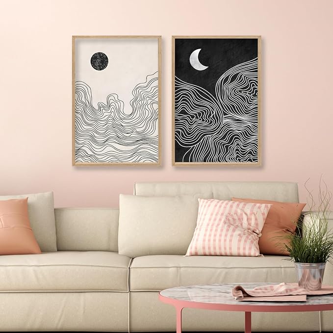 Black and White Sun Moon Boho Wall Art 16"x24" 2 Pieces Wooden Framed Mid Century Abstract Minimalist Home Sign for Living Room Bedroom Office Neutral Wall HangIing Decor (Wood)