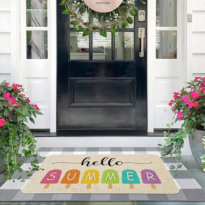 Hello Summer Front Door Mat 30x17 Inch Summer Welcome Doormat Indoor Outdoor Entrance Floor Mats Non-Slip Washable Seasonal Summer Home Decor Rugs