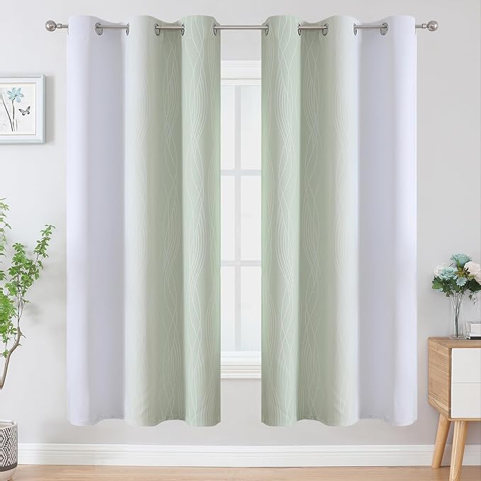 Estelar Textiler Sage and Greyish White Ombre Blackout Curtains 72 Inches Length for Bedroom, Thermal Insulated Light Blocking Grommet Gradient Blackout Drapes for Living Room, 42Wx72L, 2 Panels