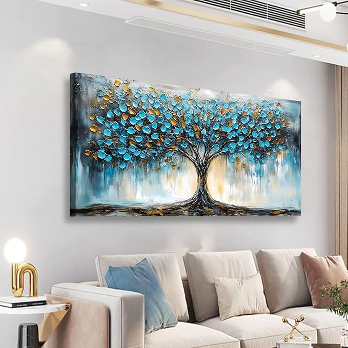 Blue Tree Pictures Canvas Wall Art for Living room Office Bedroom Wall Decor,Abstract Wall Art Print Modern Noble Blue Tree Oil Painting Artwork Waterproof Ready to Hang-20x40inch