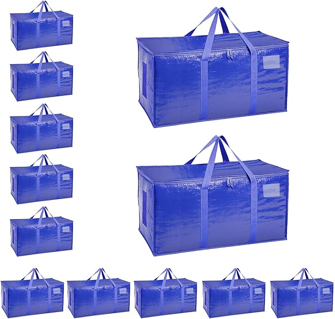 12 Pack-Extra Large Heavy Duty Moving Bags - Waterproof Storage Totes with Handles & Zippers, Foldable for College Dorm, Storage (Blue)