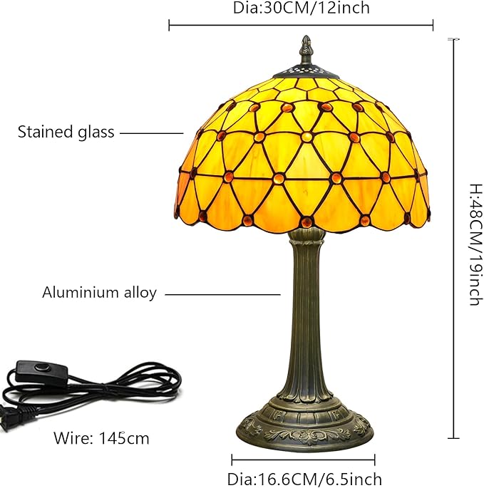 Tiffany Style Stained Glass Table Lamp Handmade Orange Tea Beads 12 Inch Warm Light Bedside Lamp For Bedroom Dorm Offee Shop Reading Study Home Decor Art Gift Retro Atmosphere Lighting Nightstand Lamp