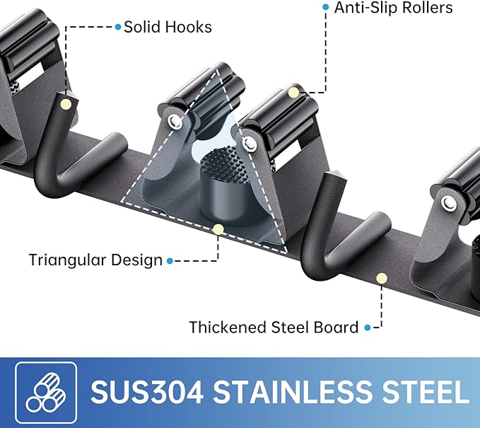 ZONGOOL 2 Pack Broom Holder Wall Mount, 4 Racks and 5 Hooks Mop Hanger Wall Mount Broom Organizer Stainless Steel Heavy Duty Garage Tool Racks for Home Kitchen Garden Laundry (Black)