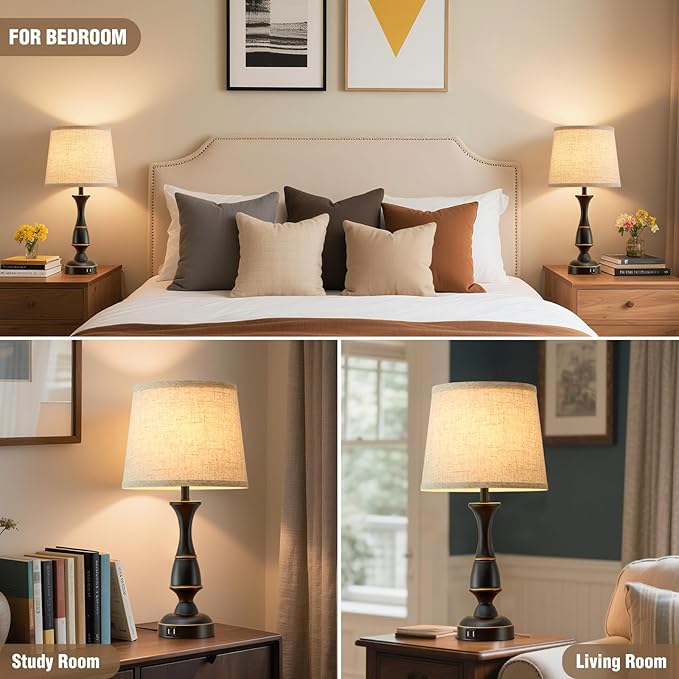 Luvkczc Touch Table Lamps Set of 2, 22" Tall Bedside Lamps with Dual USB A Ports, 3 Way Dimmable Nightstand Lamps for Bedroom, Living Room, Office, Black Lamps with Beige Lampshade, Bulb Included