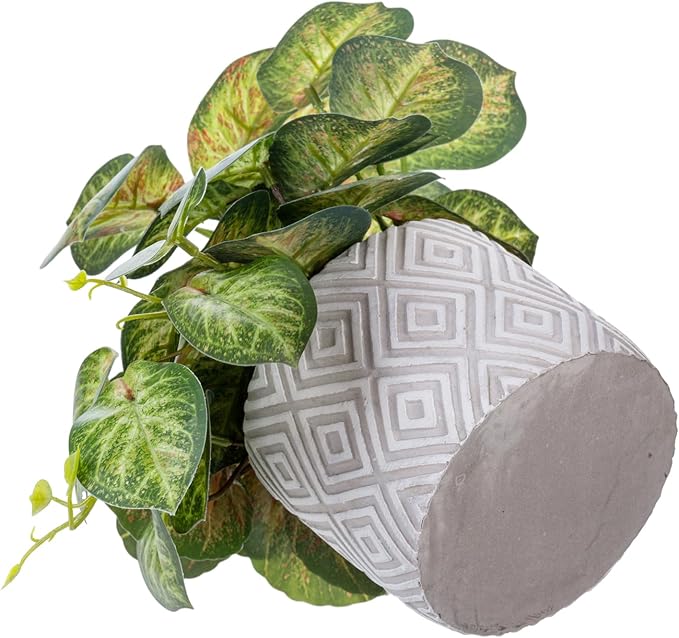 MyGift Artificial Aglaonema Evergreen Leafy Plant, Green and Red Faux Leaves Potted in Gray Concrete Pot with White Diamond Pattern, Indoor Home Table Decor