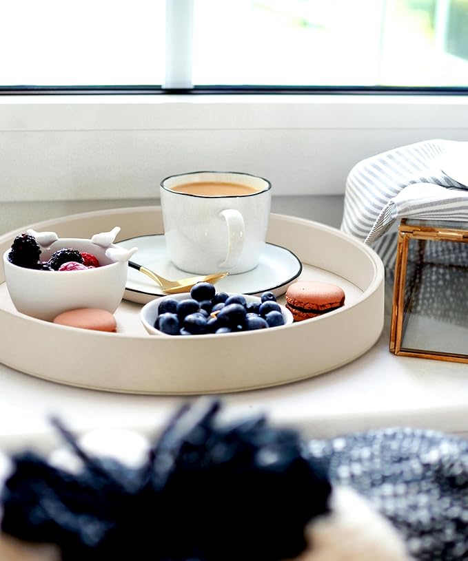 12.6 Inch Round Serving Tray, Home Decorative LeatherOttoman Wooden Decor Platter Bathroom Vanity Tray for All Occasions Anti Slip White