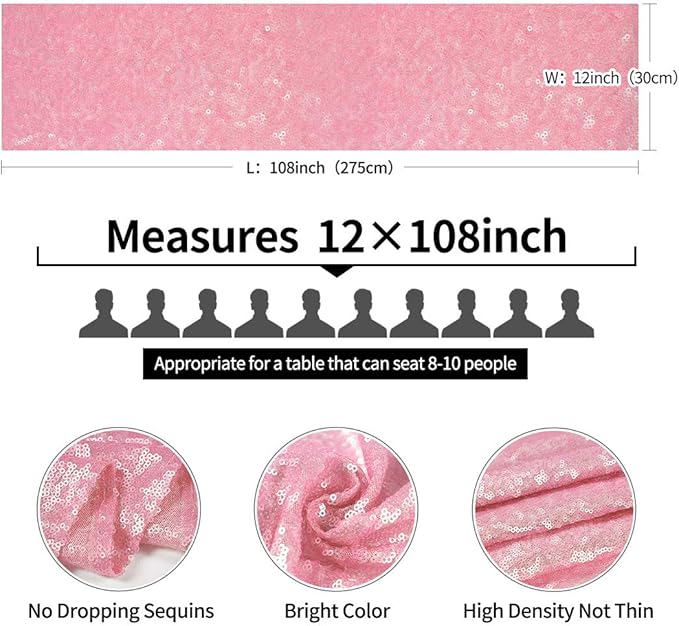 10 Packs 12 x 108 inches Pink Sequin Table Runner, Glitter Pink Table Runner for Wedding Birthday Bachelorette Holiday Party Supplies Decorations Bridal Shower Baby Shower