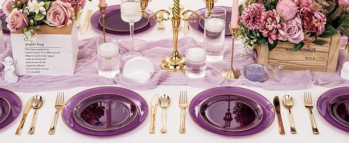 YOUBET 125PCS Purple Plastic Plates - Purple Disposable Plates With Gold Rim - Include 50 Dinner & Dessert Plate, 75 Gold Cutlery Perfect for Wedding Parties