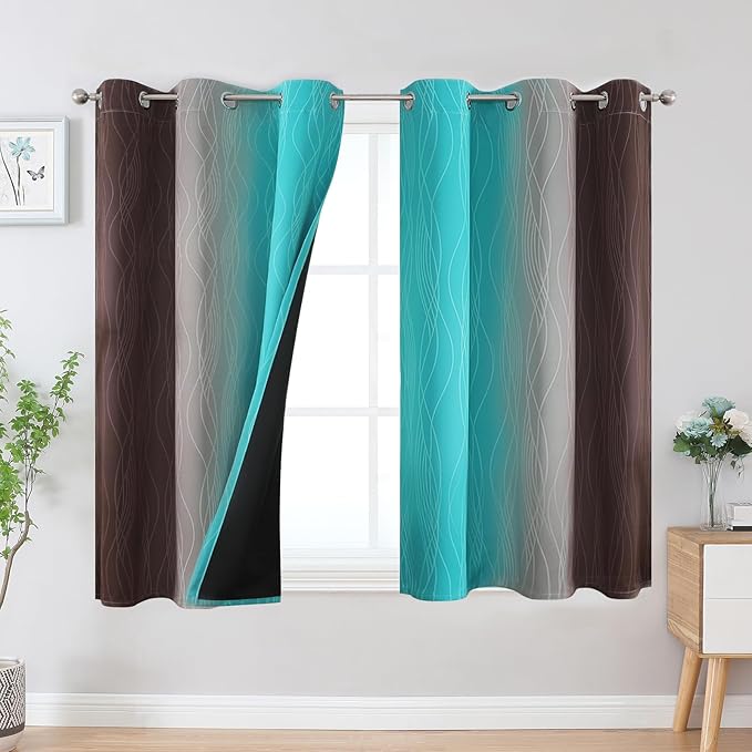Estelar Textiler Brown and Teal Ombre Blackout Curtains 45 Inch Length 2 Panels, Full Room Darkening Gradient Drapes for Kitchen, Thermal Insulated Grommet Short Curtains for Bathroom, 42Wx45L