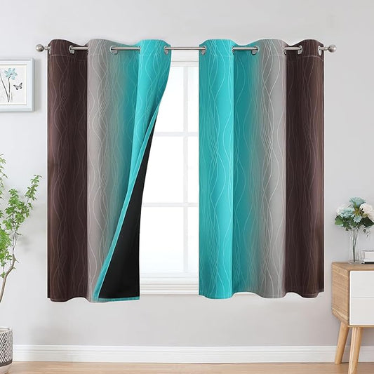 Estelar Textiler Brown and Teal Ombre Blackout Curtains 45 Inch Length 2 Panels, Full Room Darkening Gradient Drapes for Kitchen, Thermal Insulated Grommet Short Curtains for Bathroom, 42Wx45L
