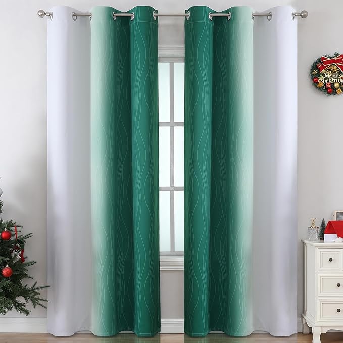 Estelar Textiler Green and Greyish White Blackout Curtains for Living Room, Thermal Insulated Ombre Blackout Drapes, Gradient Full Light Blocking Energy Saving Curtains for Bedroom, 42Wx84L, 2 Panels