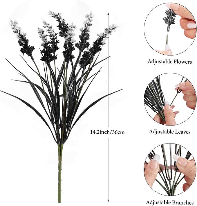 N&T NIETING 6 Bundles Black Artificial Flowers, Fake Monkey Grass with Flowers, UV Resistant Fake Plants Halloween Black Flowers Decor for Party Front Porch Home Garden Patio