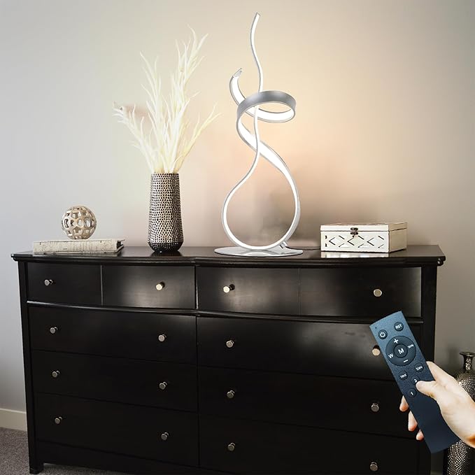 24W Modern 3Color Table Lamp with LED Spiral Design, 22“ Tall Silver Bedside Light & Nightstand Lamp, Touch Dimmable with 3 Colors & Remote Control for Bedroom, Living Room, Home Office (Silver)