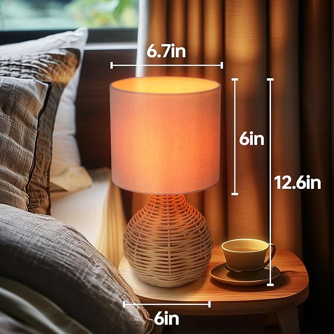 Rattan Table Lamp, Vintage Wicker Wooden Nightstand Lamp Set of 2, Boho Bamboo Woven End Table Lamp for Bedroom Living Room Desk Room