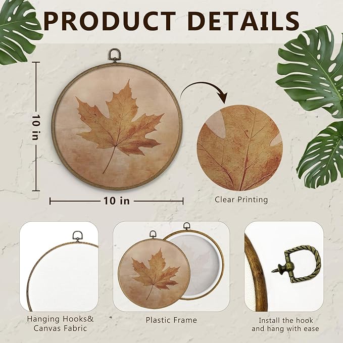 Gnmduw Fall Leaf Wall Art Framed, Fall Wall Decor, Rustic Thanksgiving Autumn Round Hanging Wall Decor, Halloween Autumn Canvas Prints Art for Cottage Core Living Room Bathroom Bedroom, 10x10 Inch