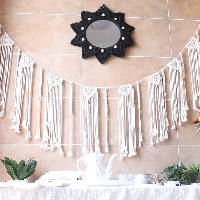 Boho Wall Hanging Mirror Macrame Bohemian Round Mirror for Bedroom Living Room Apratment