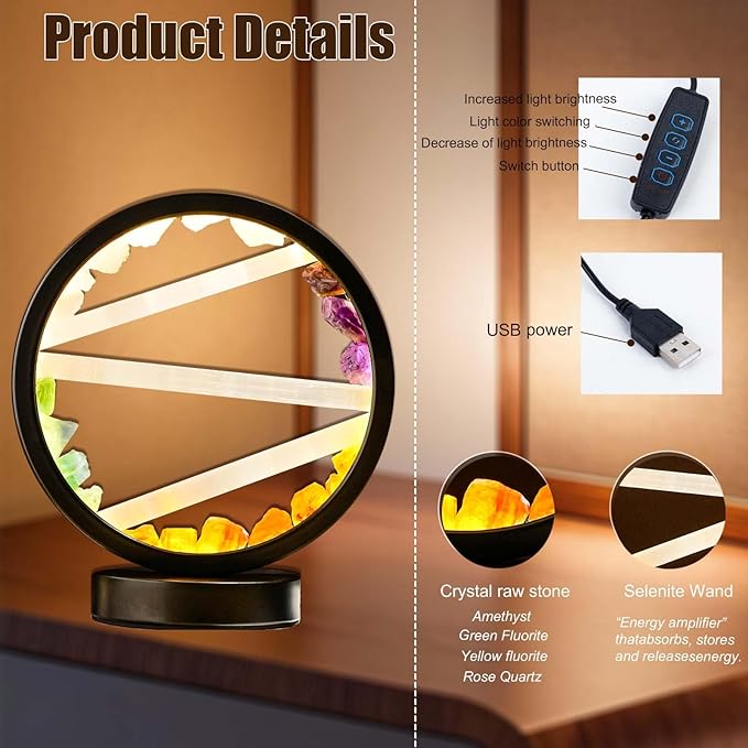 Runyangshi Crystal Table Lamp Night Light Natural Selenite & Colour Crystal Raw Stone Bedside Lamp with 3 Adjustable Light Colours Suitable for Home Decoration, Bedroom Office Desk Lighting