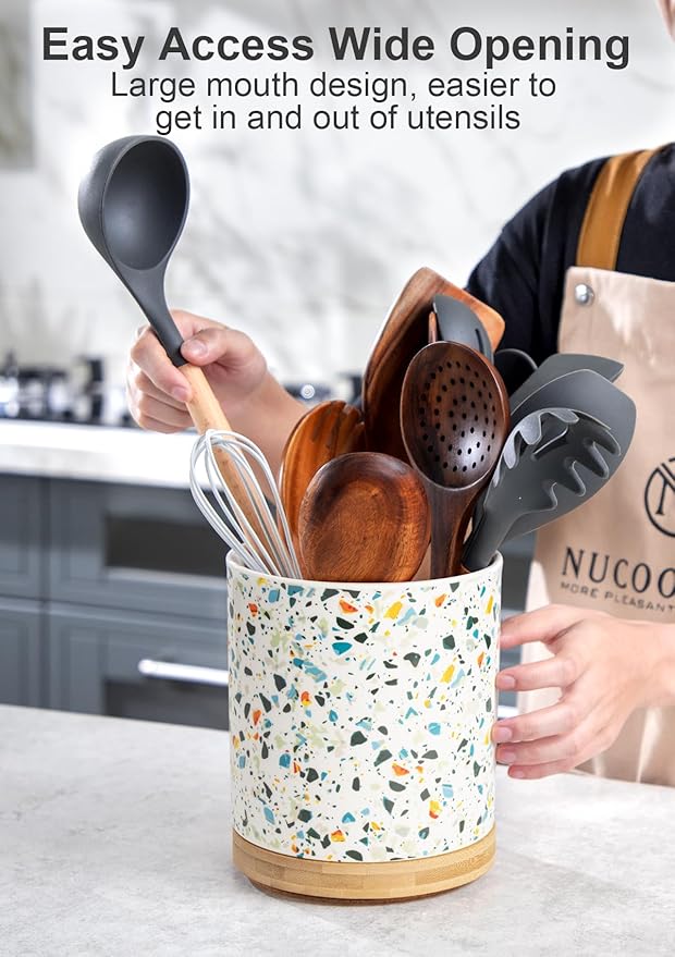 Nucookery 360°Rotating Utensil Holder, 7.2" Kitchen Utensil Crock, Ceramic Cooking Utensil Organizer with Countertop-Protection Cork Bottom for Farmhouse Kitchen Decor Christmas (Marble Pattern)