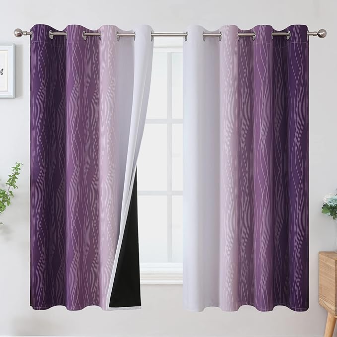 Estelar Textiler Purple and Greyish White Blackout Curtains 63 Inch Length 2 Panels Set, Room Darkening Grommet Ombre Curtains for Bedroom, Thermal Insulated Light Blocking Gradient Drapes,52Wx63L
