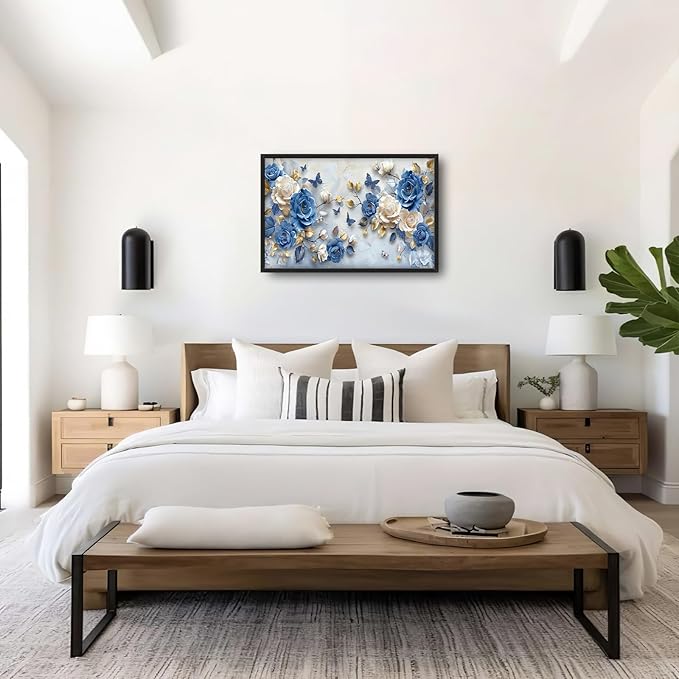 Framed Large Wall Art for Living Room, Blue and White Florals Canvas Wall Decor, Flowers Pictures Painting, Modern Artwork for Living Room Bedroom Office 36L'' × 24W''
