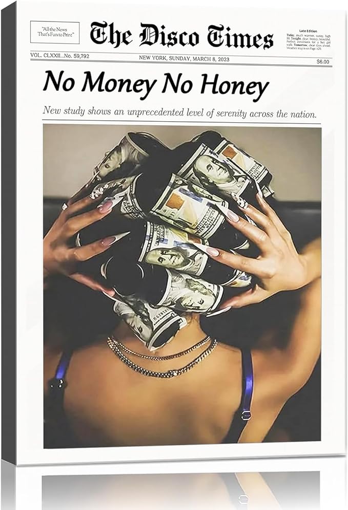 No Money No Honey Wall Art Paintings Hot Girl Love Money Newspaper Wall Decor Funky Preppy Motivational Wall Decor Picture for Home Decor Office Living Room Bathroom Aesthetic Artwork Decoration