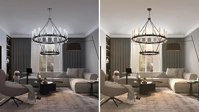 48 Inch Black Wagon Wheel Chandelier 2 Tier with Glass Shade, 24 Lights, Modern Farmhouse Style, Ideal for Dining Room, Kitchen, Entryways