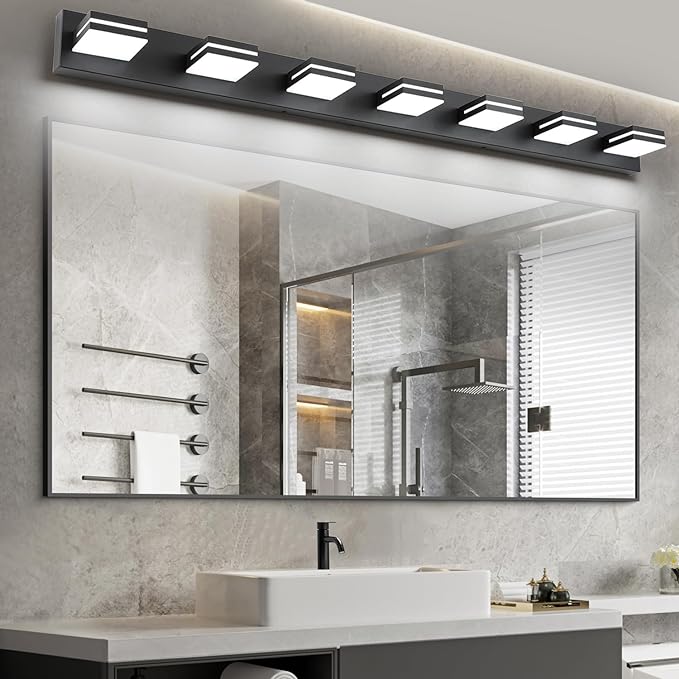 SineRise LED Modern Bathroom Vanity Light Fixtures (7-Light, 55-Inch, Dimmable), Matte Black Modern Acrylic Bathroom Wall Lighting Fixtures Over Mirror (Cool White 6000K)