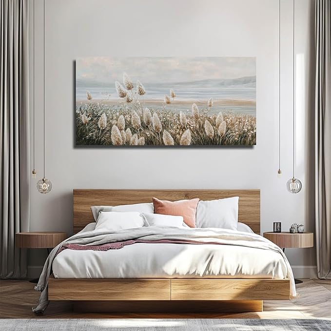 GAIDUOMAI Reed Painting Mountain and River Wall Art Prints Bedroom Plant Decor Countryside Landscape Wall Decor for Dining Room Hotel 24x48 Inch