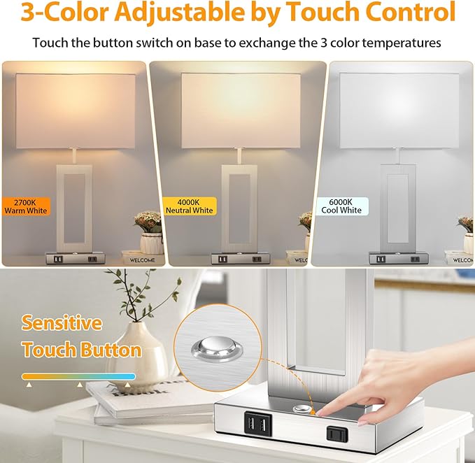 3 Way Dimmable Table Lamps for Bedrooms Set of 2, 27.2ββ Tall Modern Silver Lamps for Living Room Nightstand, Touch Control Bedside Lamps with 2 USB Ports&AC Outlet, Stepless Dimming, Bulbs Covered