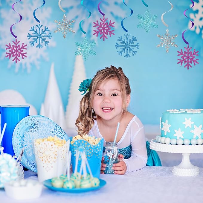20 Pack Frozen Snowflake Hanging Decorations - Winter Snowflakes Hanging Swirls Ceiling Streamers, Glittery Snowflakes Ornament for Wonderland Frozen Party Decorations, Birthday and Christmas Decor
