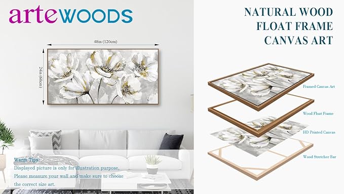 arteWOODS Flowers Framed Wall Art - Gray White Flowers with Yellow Accents Canvas Pictures Wall Decor Botanical Painting Artwork Elegant Floral Prints Living Room Bedroom 48 x 24in Natural Wood Frame