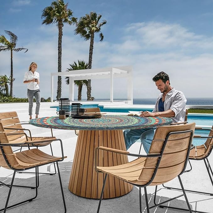 Boho Vinyl Round Tablecloth Waterproof Fitted Table Cloth Summer Fall Outdoor Circle Cover for 36-44" Tables Kitchen Dining Apartment Essentials Picnic Camping Party Decor Housewarming Gifts