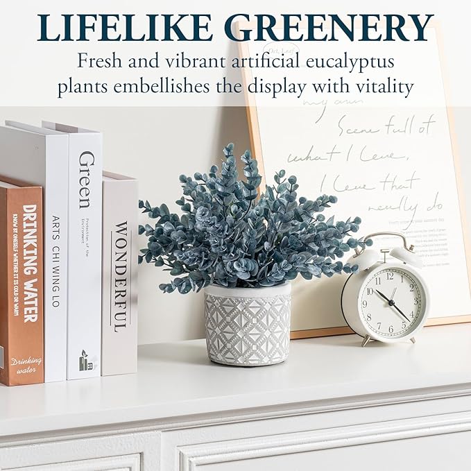MyGift Artificial Eucalyptus Plant in Modern Gray Concrete Pots with Geometric Embossed Pattern (1, Blue)