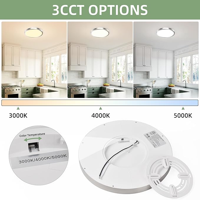 hykolity 2 Pack 12 Inch Selectable CCT LED Round Flat Panel Light, 24W 3000K/4000K/5000K, Edge-Lit Flush Mount Ceiling Light Fixture for Kitchen, Bedroom, Laundry and Closet Room,Brush Nickel