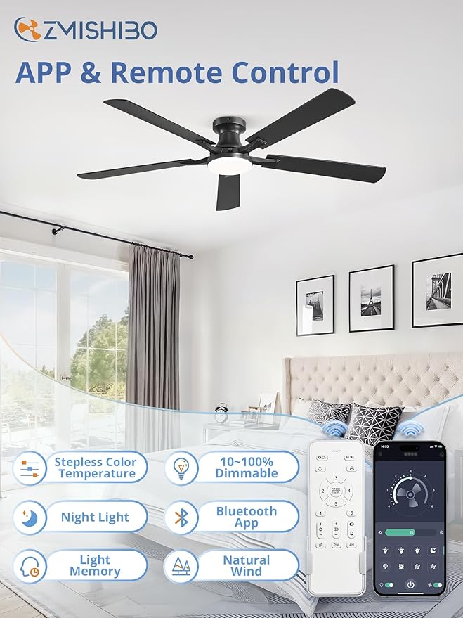 ZMISHIBO 60 Inch Ceiling Fan with Light, App&Remote Control, Flush Mount Low Profile, Dimmable 20W LED Light, Quiet Reversible Motor for Bedroom, Living Room, Apartment, Black