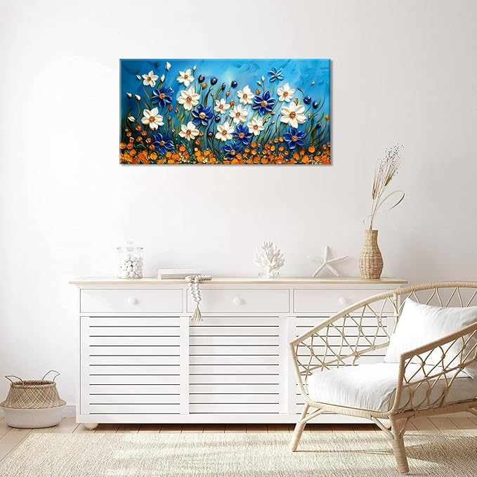 ZESTFLICKR Daisy Canvas Wall Art Daisies Flower Oil Painting Print Modern Floral Canvas Painting Artwork Nature Painting for Living Room Bedroom Home Office Kitchen Decoration (20x40 inches)