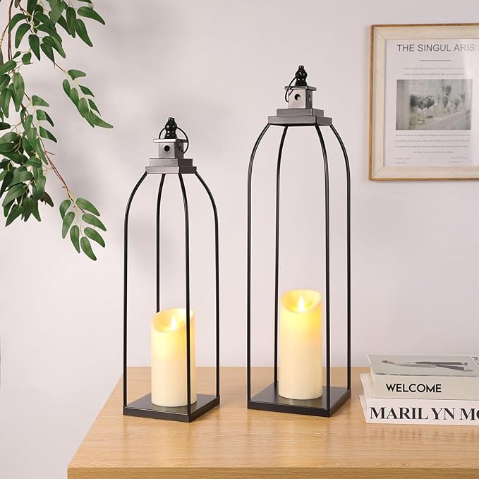 19'' 22'' Decorative Candle Lanterns, Large Farmhouse Decorative Metal Lanterns with 2 Flameless Candles, Black Candle Lanterns for Home Porch Fireplace Decor & Indoor and Outdoor Use