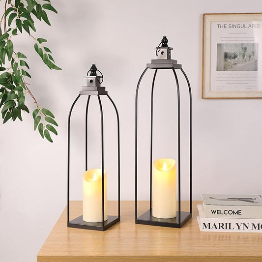 19'' 22'' Decorative Candle Lanterns, Large Farmhouse Decorative Metal Lanterns with 2 Flameless Candles, Black Candle Lanterns for Home Porch Fireplace Decor & Indoor and Outdoor Use