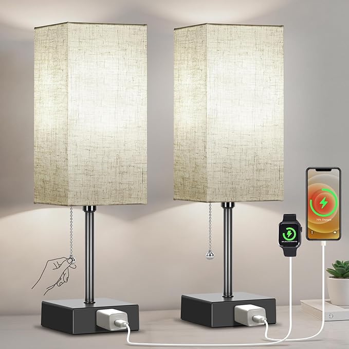 Table Lamp for Bedroom Set of 2, Bedside Lamps with 3 Color Temperatures Night Light, Lamp for Night Stands with AC Outlet and Square Shade, Pull Chain Small Desk Lamp for Living Room Home Decor