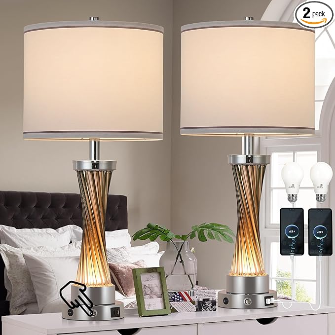3-Way Dimmable Table Lamp Set of 2,Touch Control Lamp with Night Light,Modern Crystal Table Lamps for Bedroom,Living Room,Bedside Lamps with USB A+C Ports,Fabric Lampshade(Blubs Included)