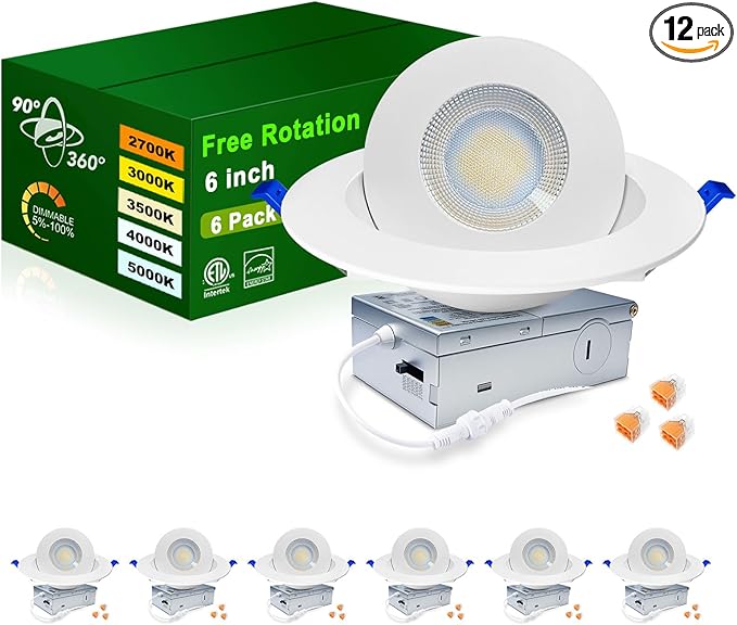 zouzai 5CCT LED Gimbal Led Recessed Light with Junction Box, 360ยฐ+90ยฐ Adjustable Directional Eyeball Lighting, Dimmable, 2700K/3000K/3500K/4000K/5000K,ETL&Energy Star (6 inch, White 6 Pack)
